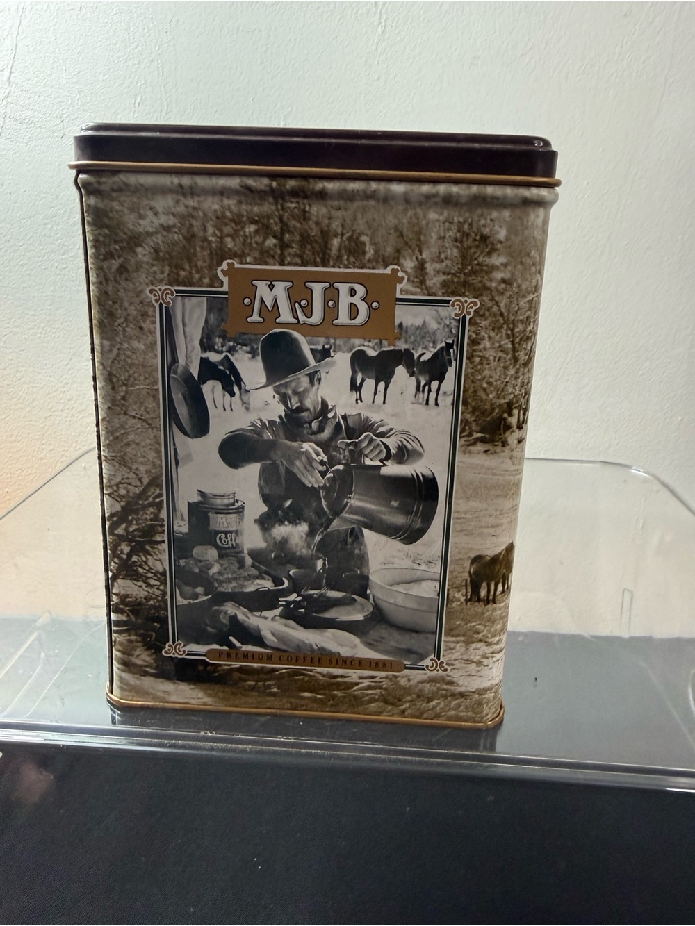 Vintage MJB Coffee Cowboy Western Metal Tin Canister w/ Lid